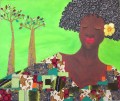 Mujer negra y árbol en patrón de decoración verde africano.